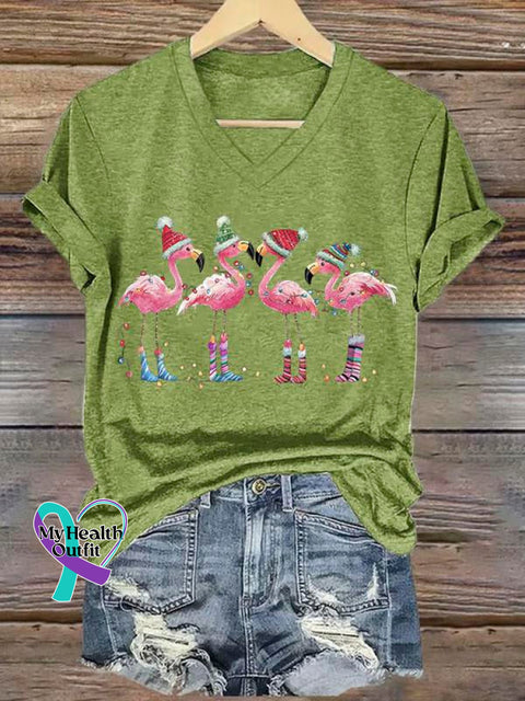Women’s Lovely Christmas Flamingo Art Print V-Neck Casual T-Shirt Green / S