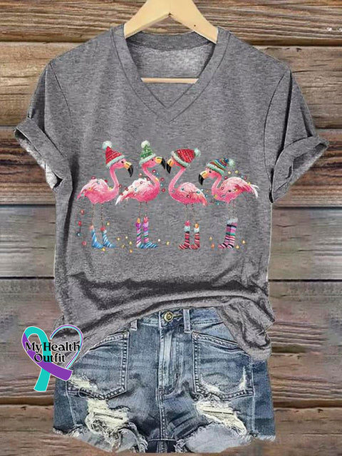 Women’s Lovely Christmas Flamingo Art Print V-Neck Casual T-Shirt Grey / S