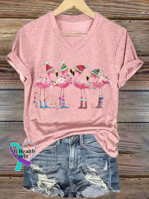 Women’s Lovely Christmas Flamingo Art Print V-Neck Casual T-Shirt Pink / S