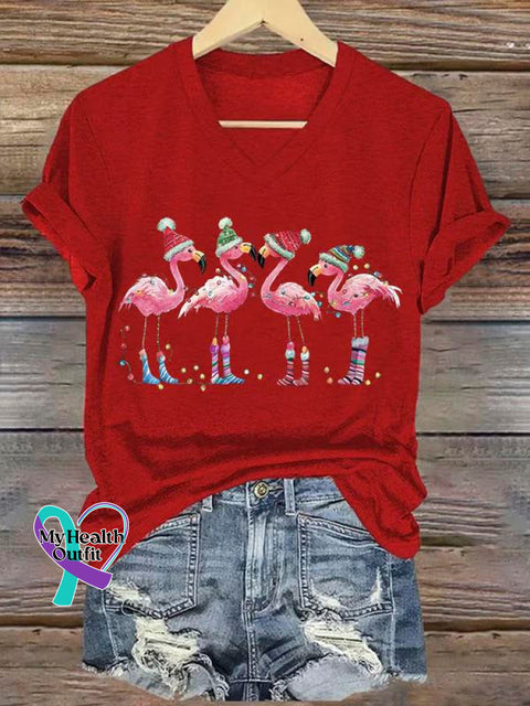 Women’s Lovely Christmas Flamingo Art Print V-Neck Casual T-Shirt Red / S