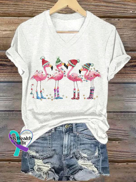 Women’s Lovely Christmas Flamingo Art Print V-Neck Casual T-Shirt White / S
