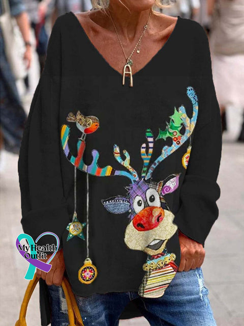 Women’s Lovely Christmas Reindeer Art Print Casual Sweatshirt Black / S