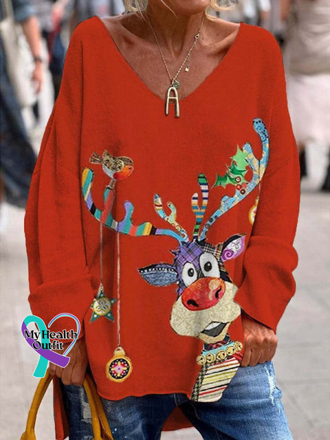 Women’s Lovely Christmas Reindeer Art Print Casual Sweatshirt Red / S