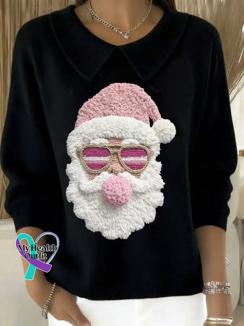 Women’s Lovely Christmas Santa Art Print Casual Peter Pan Collar 3/4 Sleeve Sweater Black / S