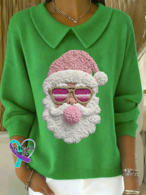 Women’s Lovely Christmas Santa Art Print Casual Peter Pan Collar 3/4 Sleeve Sweater Green / S