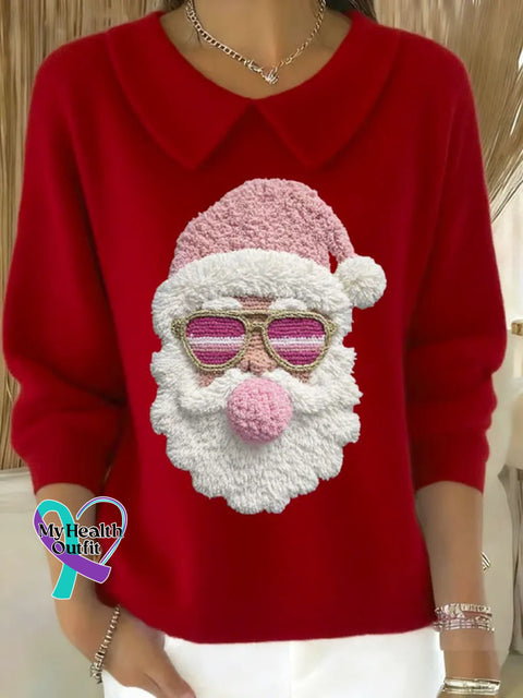 Women’s Lovely Christmas Santa Art Print Casual Peter Pan Collar 3/4 Sleeve Sweater Red / S