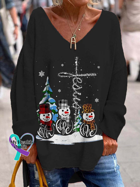 Women’s Lovely Christmas Snowman Jesus Art Print Casual Sweatshirt Black / S