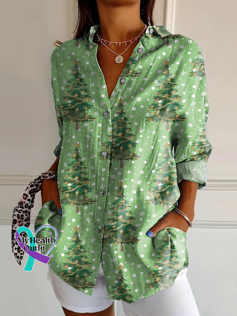 Women’s Lovely Christmas Tree Art Print Casual Cotton Shirt Green / S