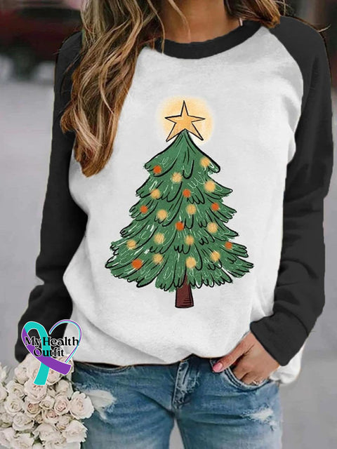 Women’s Lovely Christmas Tree Art Print Casual Long Sleeve Sweatshirt Black / S