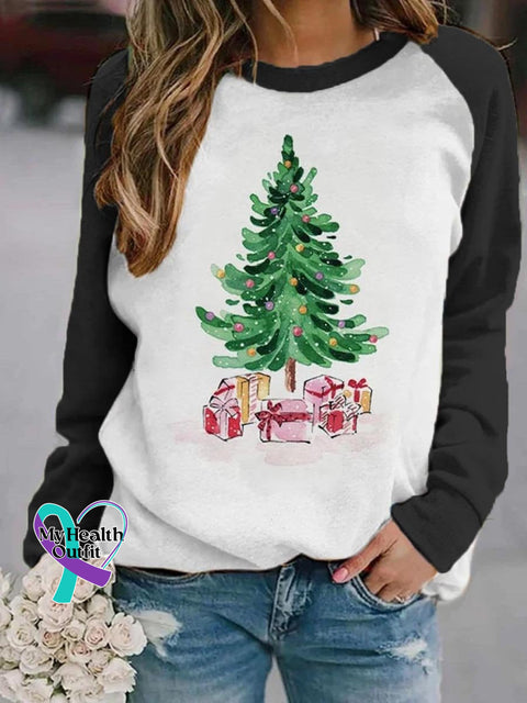 Women’s Lovely Christmas Tree Art Print Casual Long Sleeve Sweatshirt Black / S