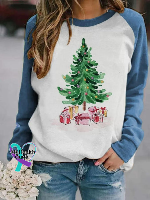 Women’s Lovely Christmas Tree Art Print Casual Long Sleeve Sweatshirt Blue / S