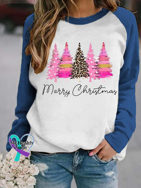 Women’s Lovely Christmas Tree Art Print Casual Long Sleeve Sweatshirt Blue / S