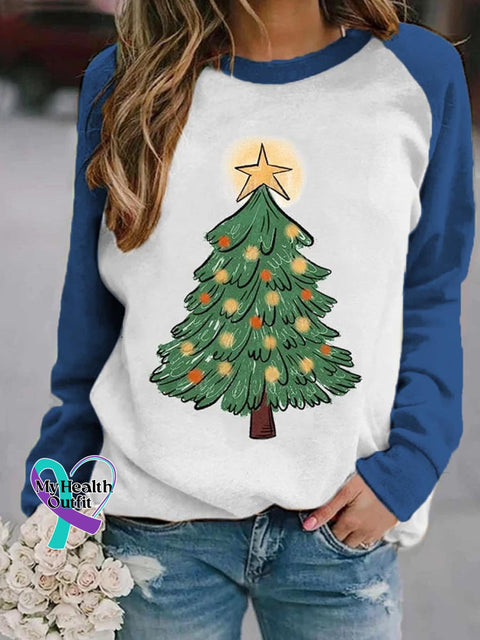 Women’s Lovely Christmas Tree Art Print Casual Long Sleeve Sweatshirt Blue / S