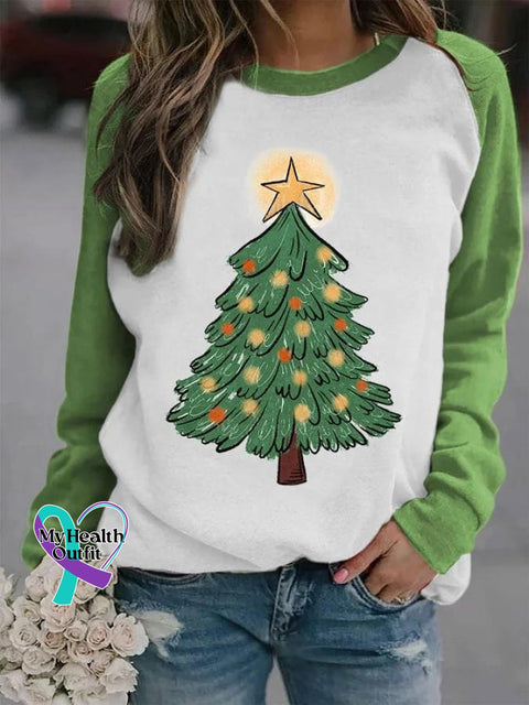 Women’s Lovely Christmas Tree Art Print Casual Long Sleeve Sweatshirt Green / S