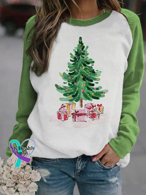 Women’s Lovely Christmas Tree Art Print Casual Long Sleeve Sweatshirt Green / S
