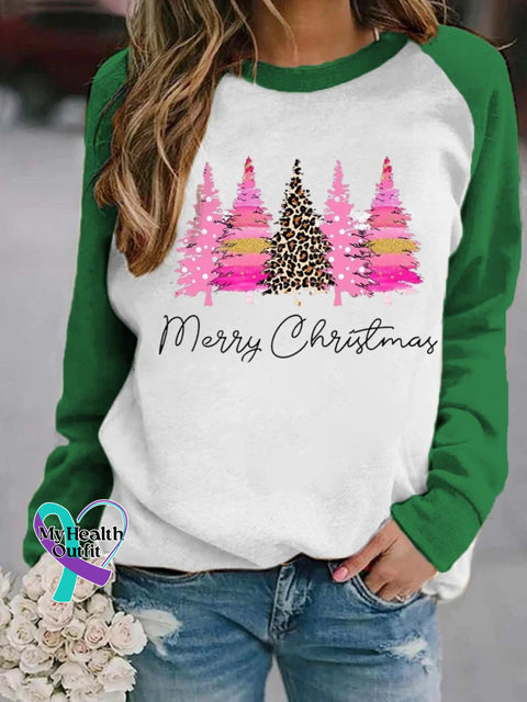Women’s Lovely Christmas Tree Art Print Casual Long Sleeve Sweatshirt Green / S
