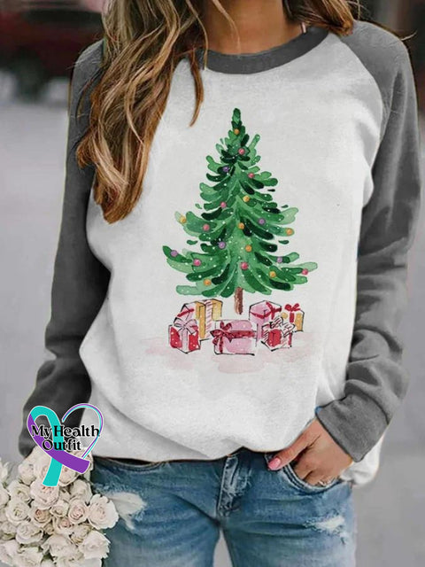 Women’s Lovely Christmas Tree Art Print Casual Long Sleeve Sweatshirt Grey / S