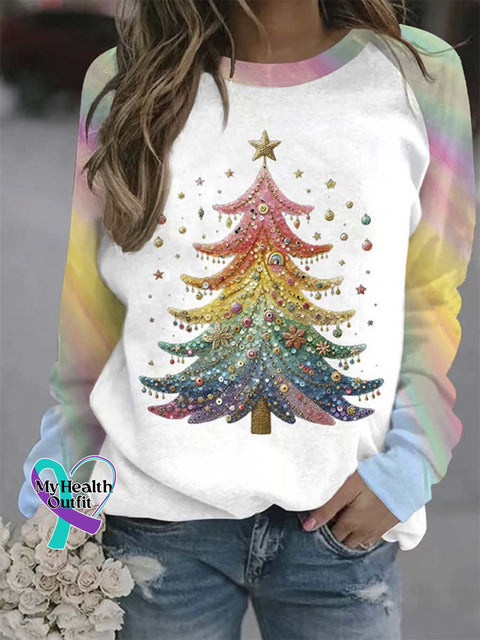 Women’s Lovely Christmas Tree Art Print Casual Long Sleeve Sweatshirt Multicolor / S