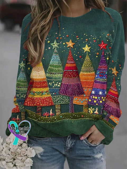 Women’s Lovely Christmas Tree Art Print Casual Long Sleeve Sweatshirt Multicolor / S