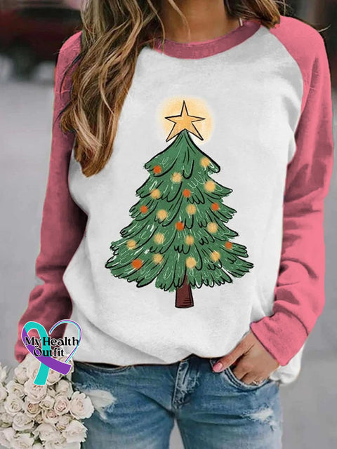 Women’s Lovely Christmas Tree Art Print Casual Long Sleeve Sweatshirt Pink / S