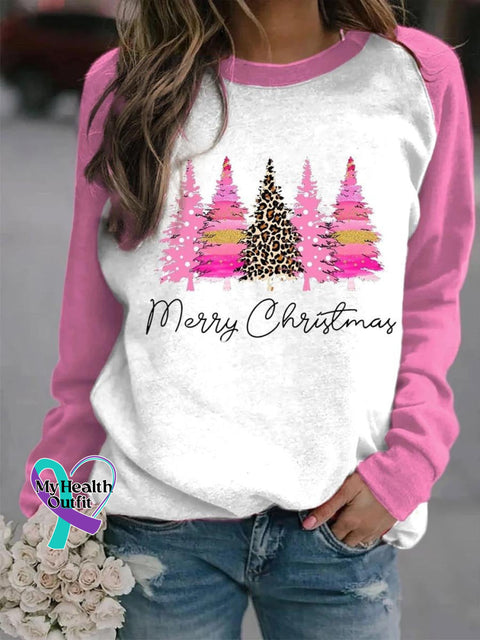 Women’s Lovely Christmas Tree Art Print Casual Long Sleeve Sweatshirt Pink / S