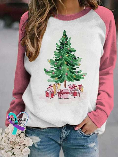 Women’s Lovely Christmas Tree Art Print Casual Long Sleeve Sweatshirt Pink / S