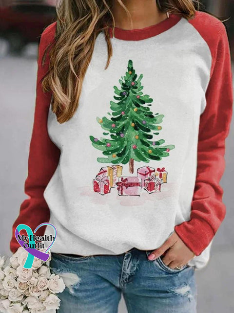 Women’s Lovely Christmas Tree Art Print Casual Long Sleeve Sweatshirt Red / S