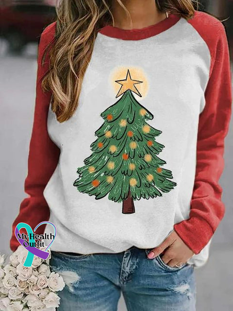 Women’s Lovely Christmas Tree Art Print Casual Long Sleeve Sweatshirt Red / S