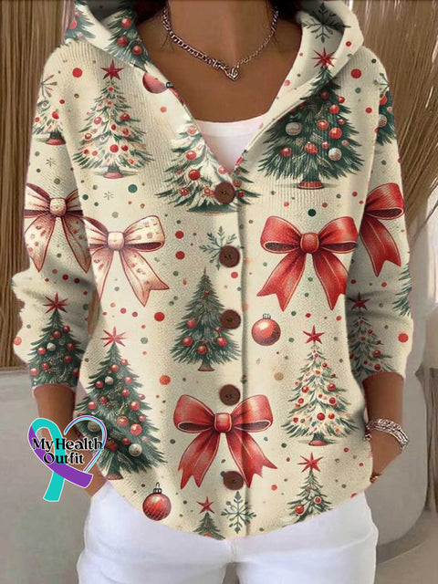 Women’s Lovely Christmas Tree Art Printed Casual Hooded Button Sweater Multicolor / S