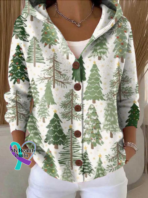 Women’s Lovely Christmas Tree Art Printed Casual Hooded Button Sweater Multicolor / S
