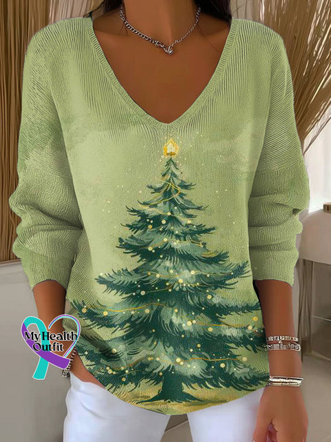 Women’s Lovely Christmas Tree Pattern Art Print Casual Pullover Sweater Green / S