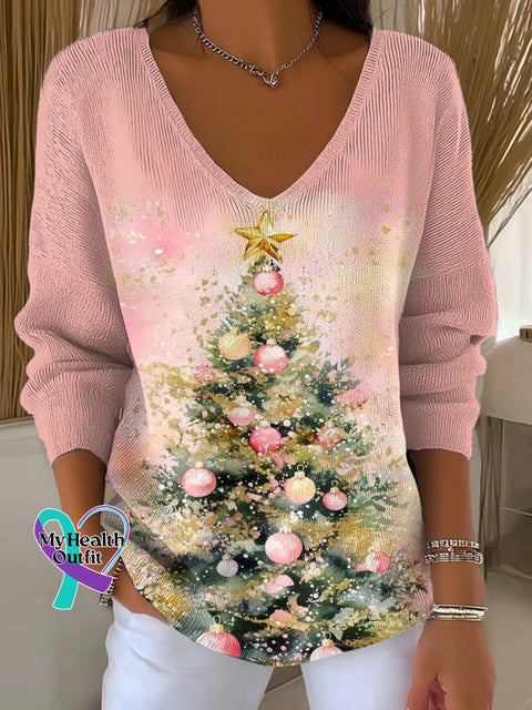 Women’s Lovely Christmas Tree Pattern Art Print Casual Pullover Sweater Pink / S