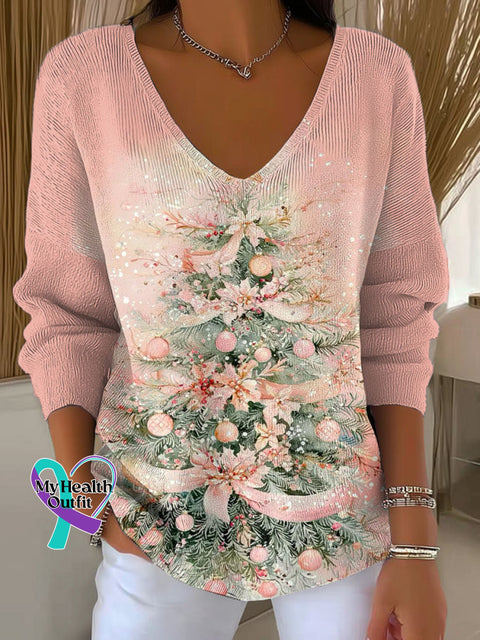 Women’s Lovely Christmas Tree Pattern Art Print Casual Pullover Sweater Pink / S