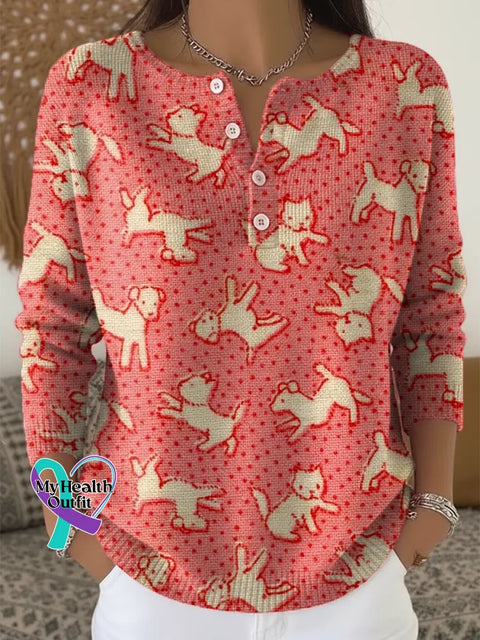 Women’s Lovely Dogs Cats Pattern Art Print Buttoned Cardigan Sweater Red / M