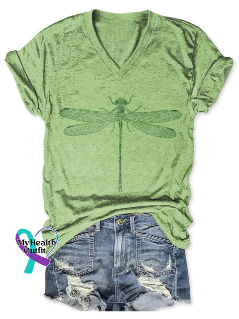 Women’s Lovely Dragonfly Pattern Art Print V-neck Casual T-Shirt Green / S