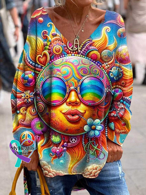 Women’s Lovely Hippie Sun Peace And Love Art Print Casual Sweatshirt Multicolor / S