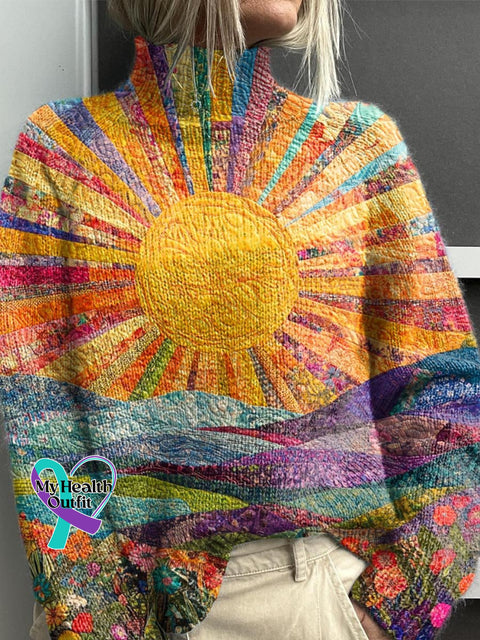 Women’s Lovely Sun Floral Patchwork Art Print Knit Turtleneck Pullover Sweater Multicolor / S