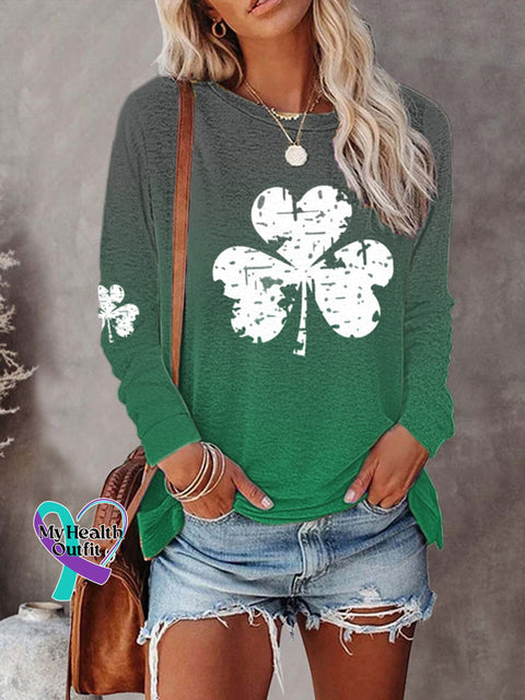 Women’s Lucky Clover Print Casual Gradient Long-Sleeved T-Shirt Green / S