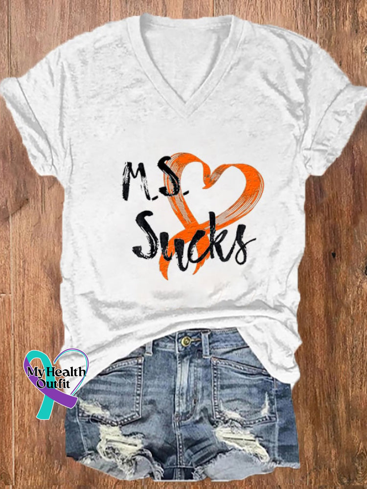Women’s M.s Sucks Multiple Sclerosis Awareness Printed V-Neck T-Shirt White / S