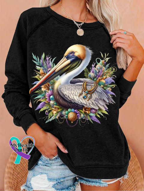 Women’s Mardi Gras Pelican Print Crew Neck T-Shirt Black / S