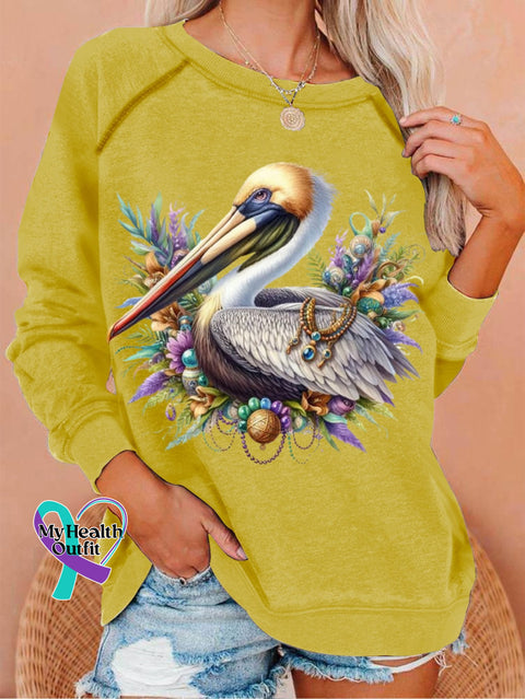 Women’s Mardi Gras Pelican Print Crew Neck T-Shirt Gold / S