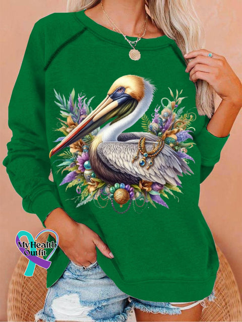 Women’s Mardi Gras Pelican Print Crew Neck T-Shirt Green / S