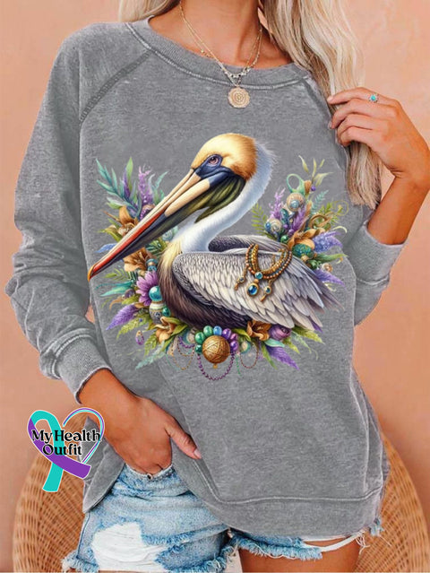 Women’s Mardi Gras Pelican Print Crew Neck T-Shirt Grey / S