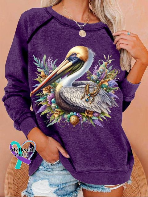 Women’s Mardi Gras Pelican Print Crew Neck T-Shirt Purple / S