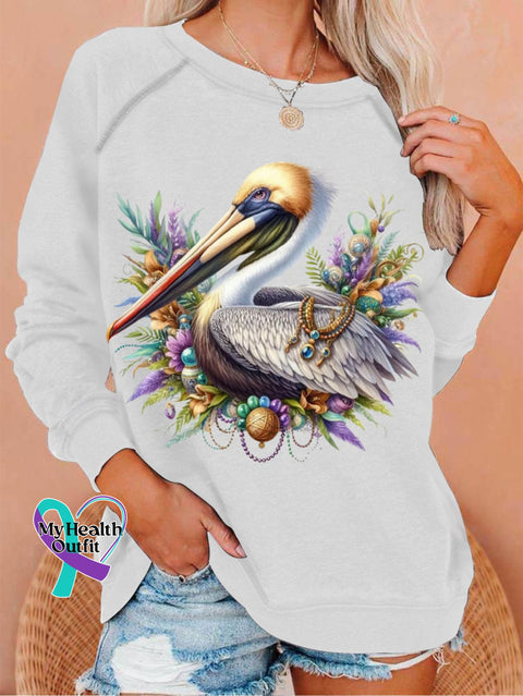 Women’s Mardi Gras Pelican Print Crew Neck T-Shirt White / S