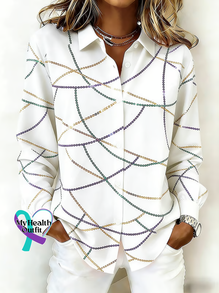 Women’s Mardi Gras Print Casual Cotton Shirt White / S