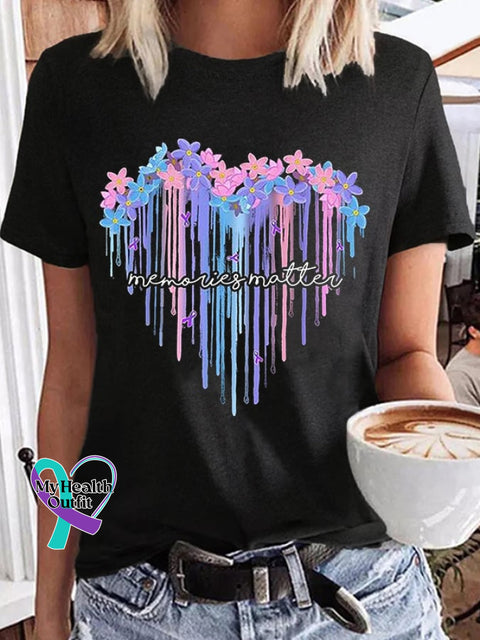 Women’s Memories Matter Forget Me Not Flowers Heart Alzheimer’s Awareness Supporter Tee Black / S