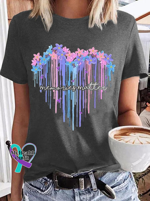 Women’s Memories Matter Forget Me Not Flowers Heart Alzheimer’s Awareness Supporter Tee Dark