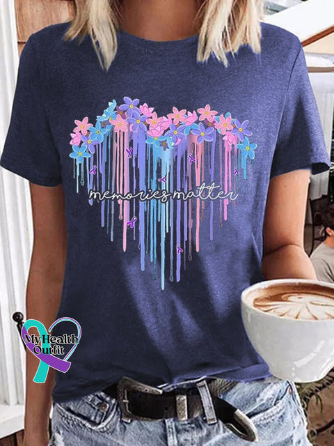 Women’s Memories Matter Forget Me Not Flowers Heart Alzheimer’s Awareness Supporter Tee Navy / S