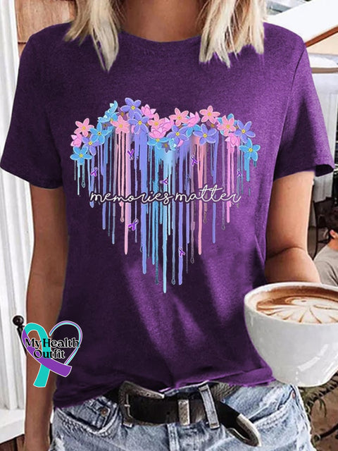 Women’s Memories Matter Forget Me Not Flowers Heart Alzheimer’s Awareness Supporter Tee Purple / S